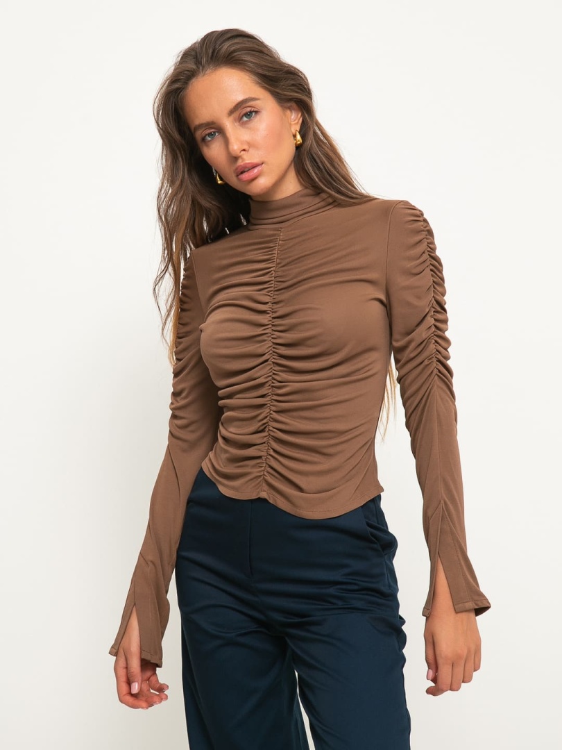 Лонгслив с драпировкой, Коричневый, XS