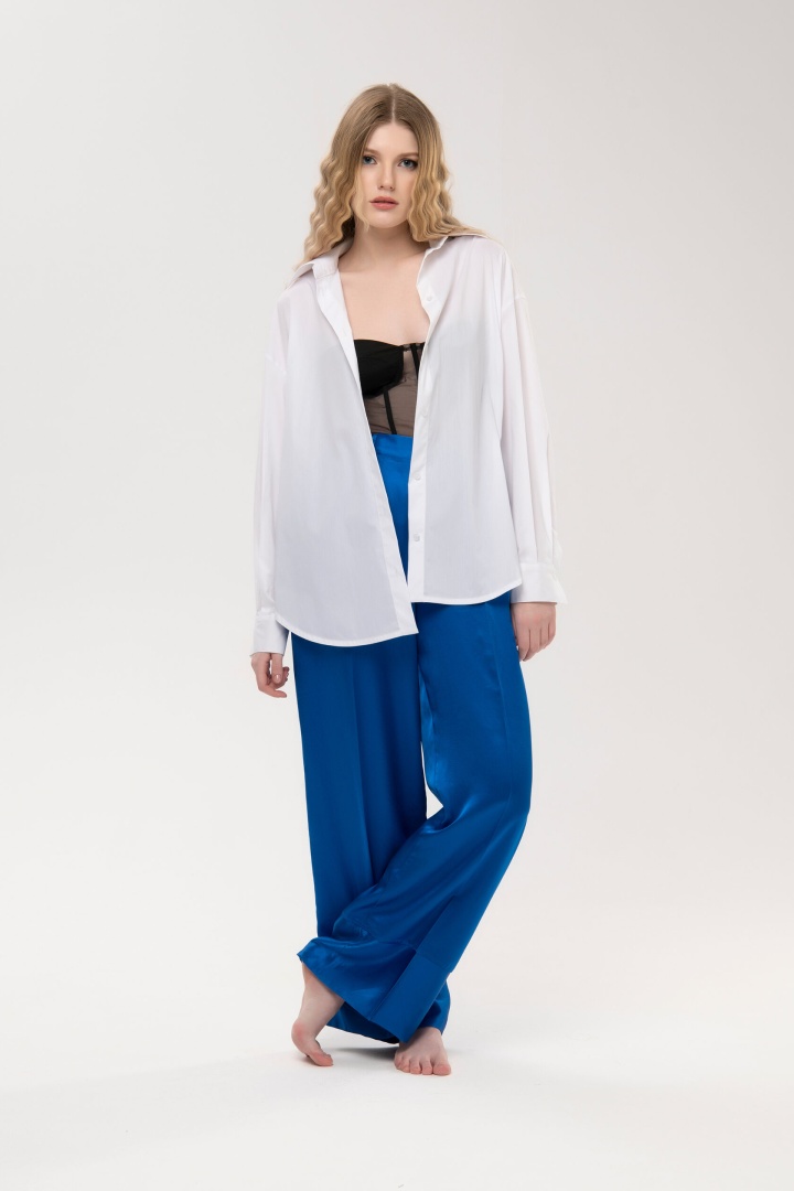 Синие атласные брюки